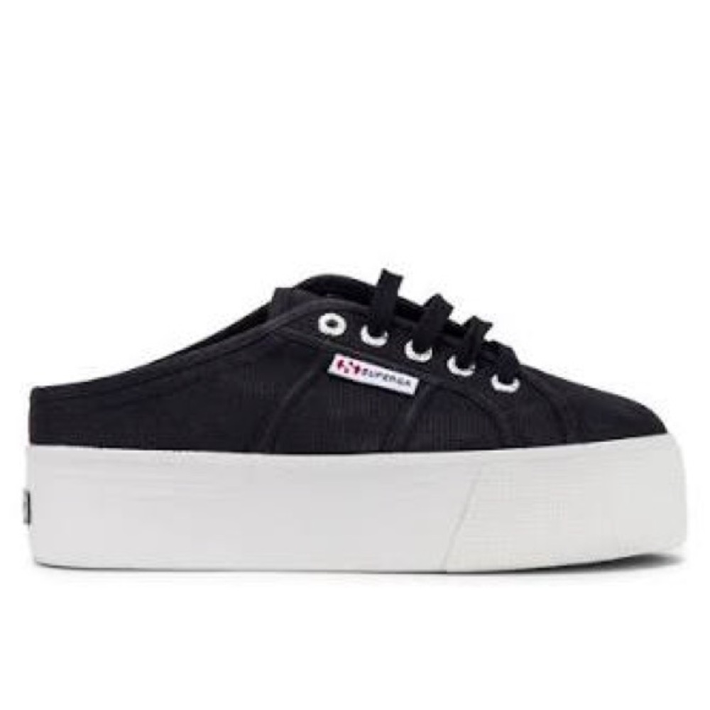 Women’s black platform flatform Superga mules